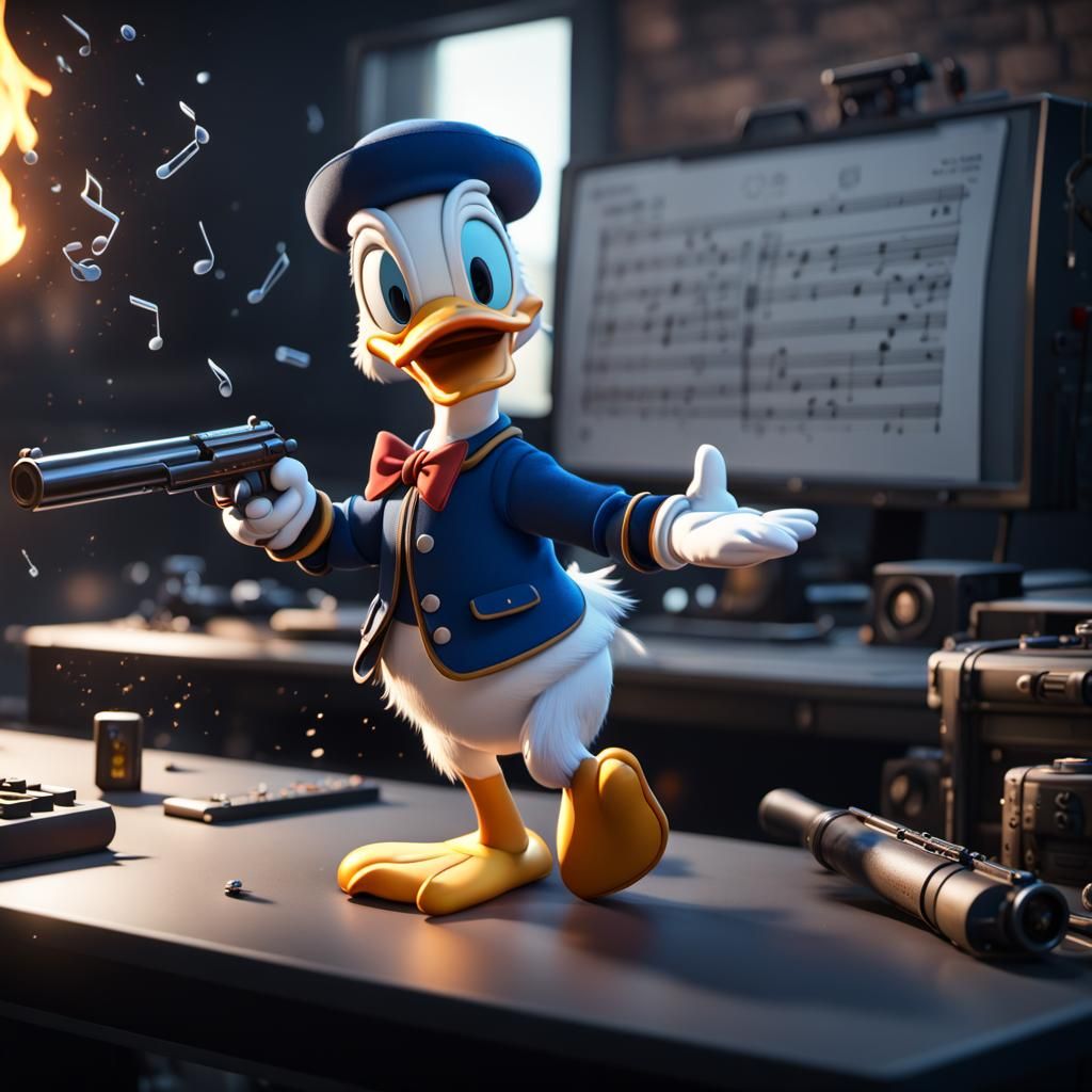 Donald duck pointing black powder shot gun with burning fuse ,big music ...