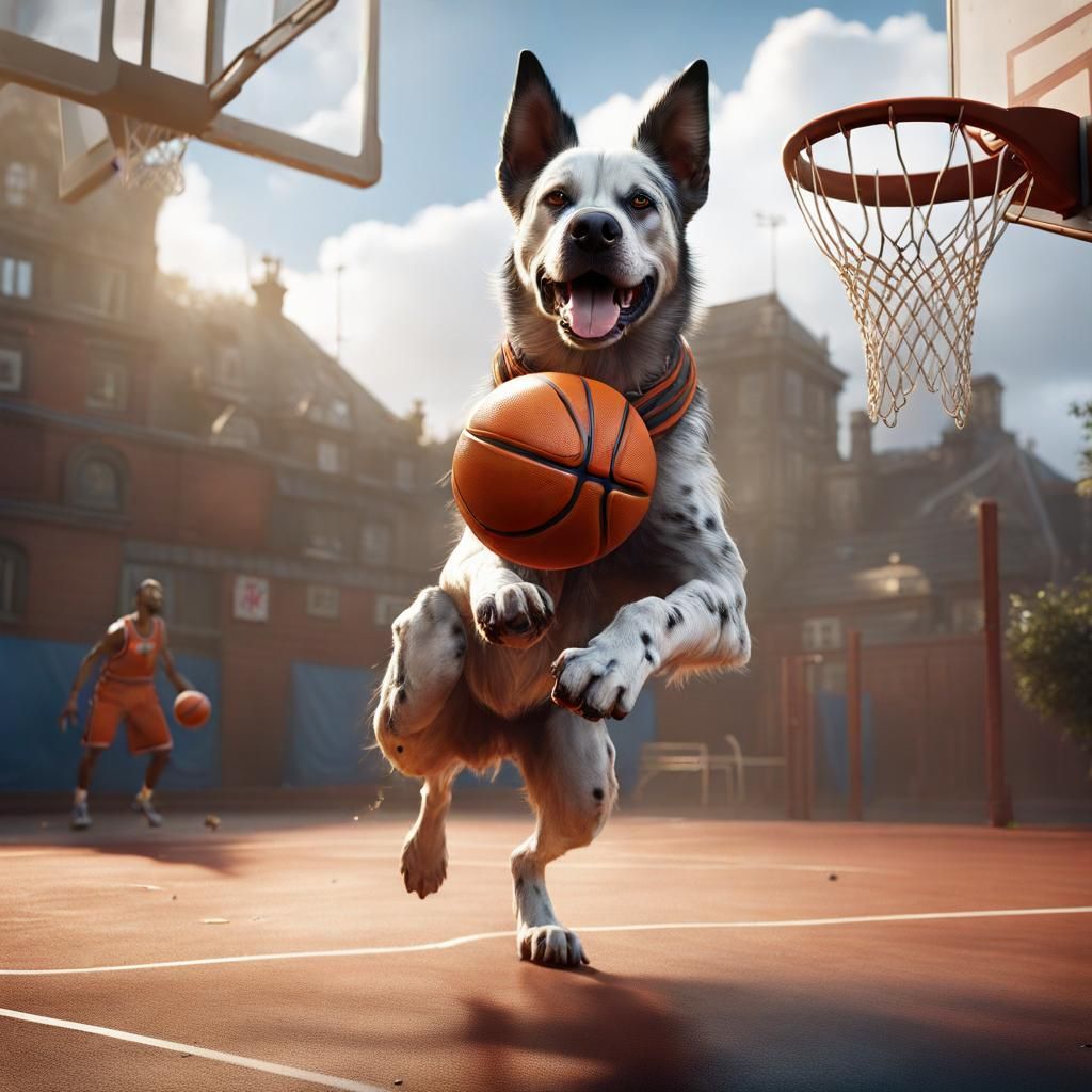 dog playing baskeball