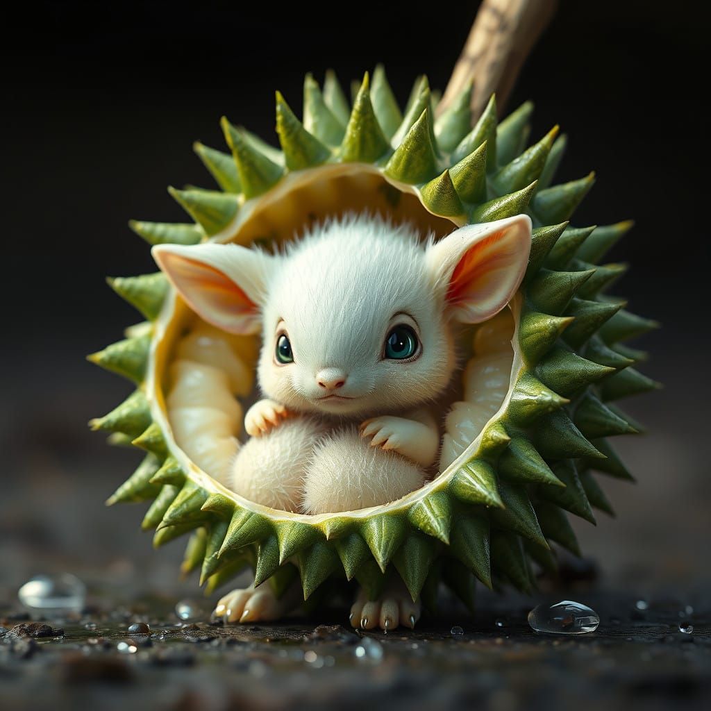 Whimsical Durian Fruit Sprite in Hyperrealistic Fantasy Sett...