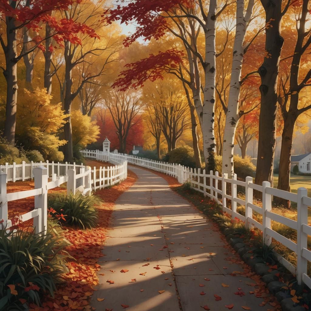 a pic of a path with a white picket fence and trees with red...
