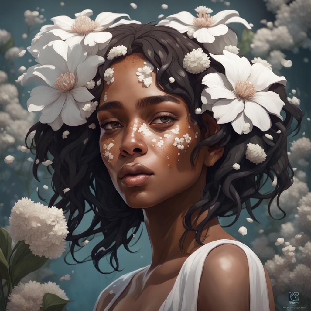 Girl with vitiligo condition with white flowers  by @Sparkfire