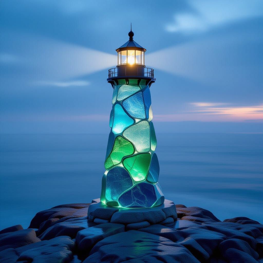 A majestic lighthouse sculpted from smooth, wave-tumbled sea glass in shades of emerald, sapphire, and aquamarine. It stands on a rocky outc...
