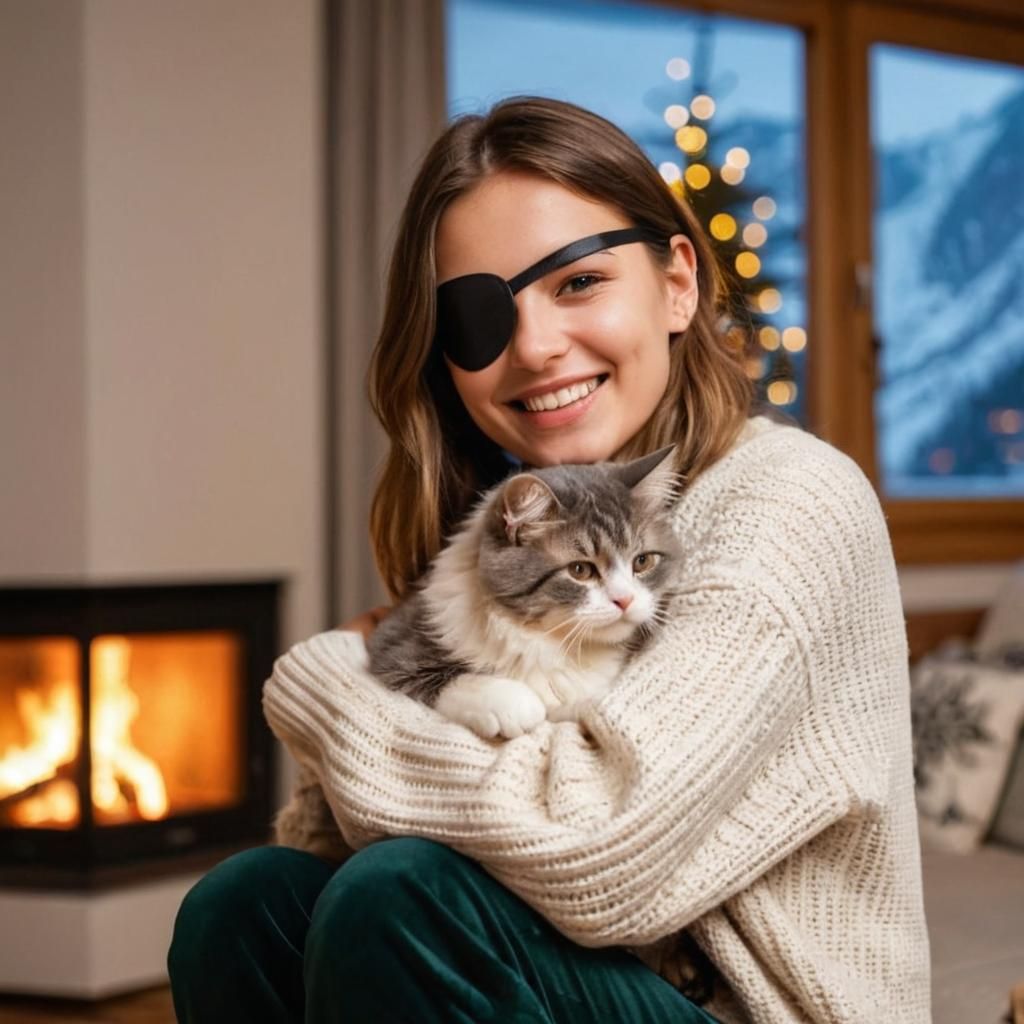 Smiling young woman with black eyepatch hugging her cute grey cat