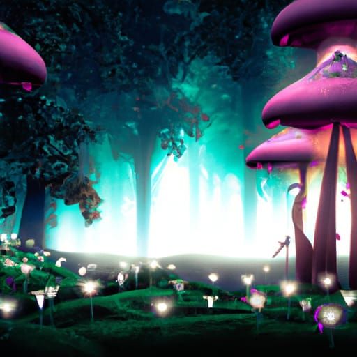 A forest covered in mushrooms from a big glowing mushroom so...