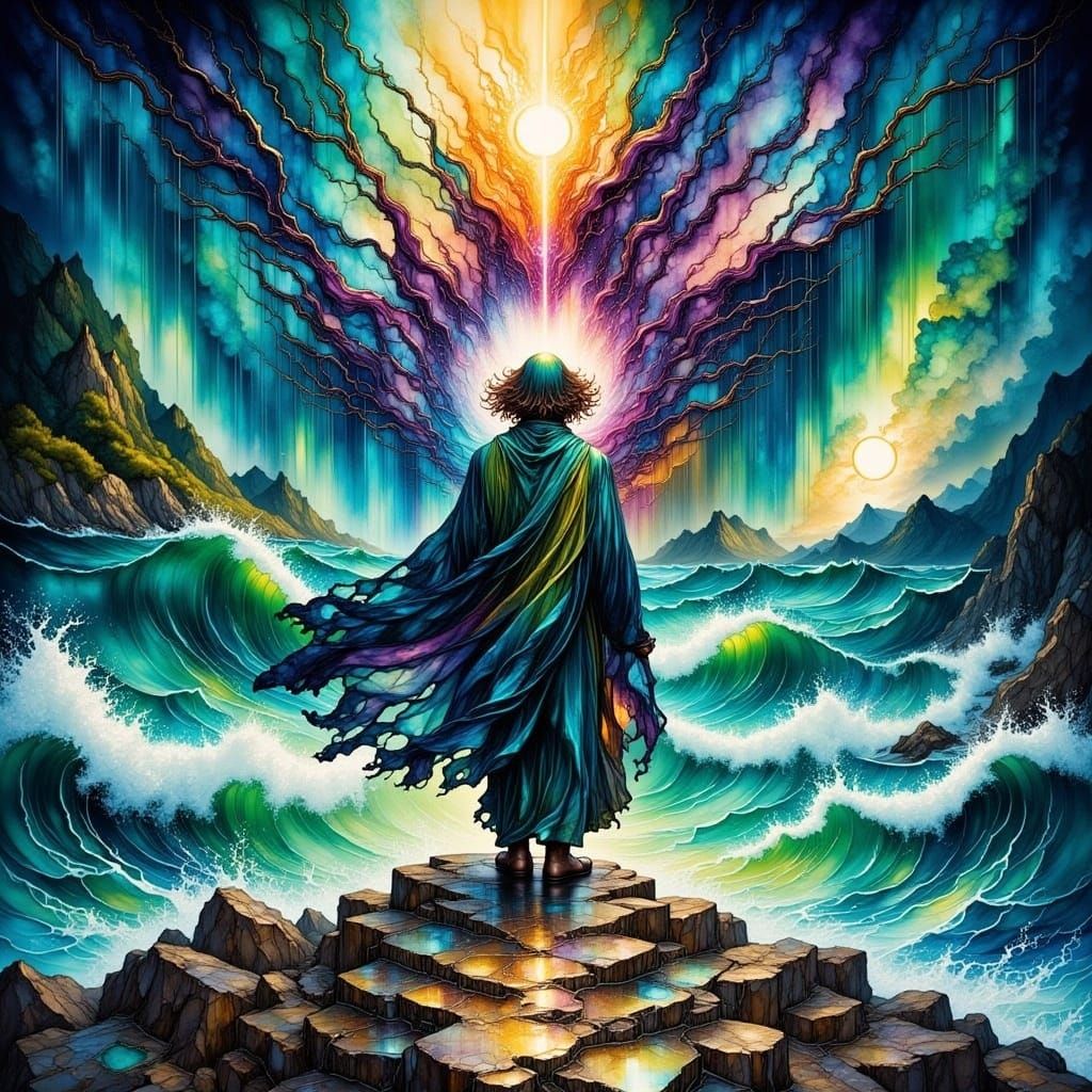 Epic fantasy castaway in a storm, <lora:Fantasy Ink Flux:1.0> , alcohol-ink masterpiece