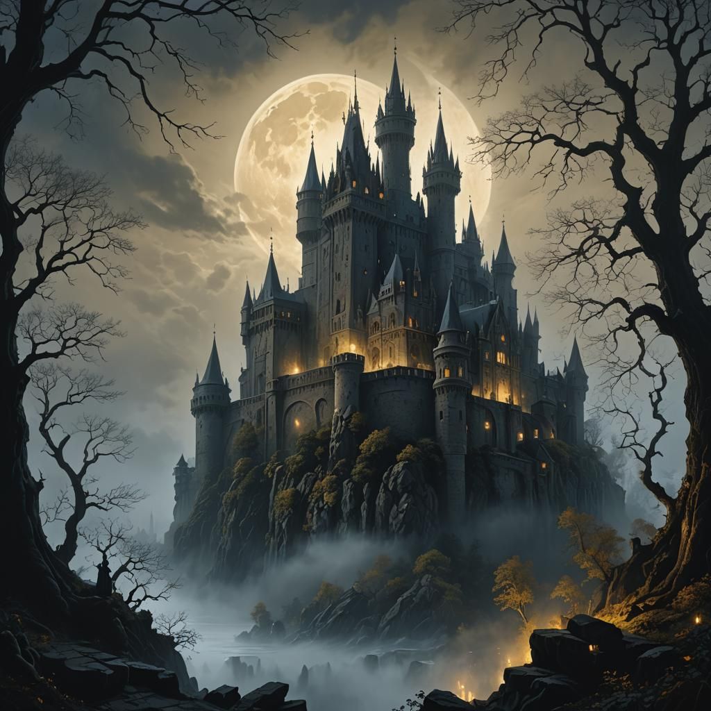 A medieval gothic castle shrouded in thick fog