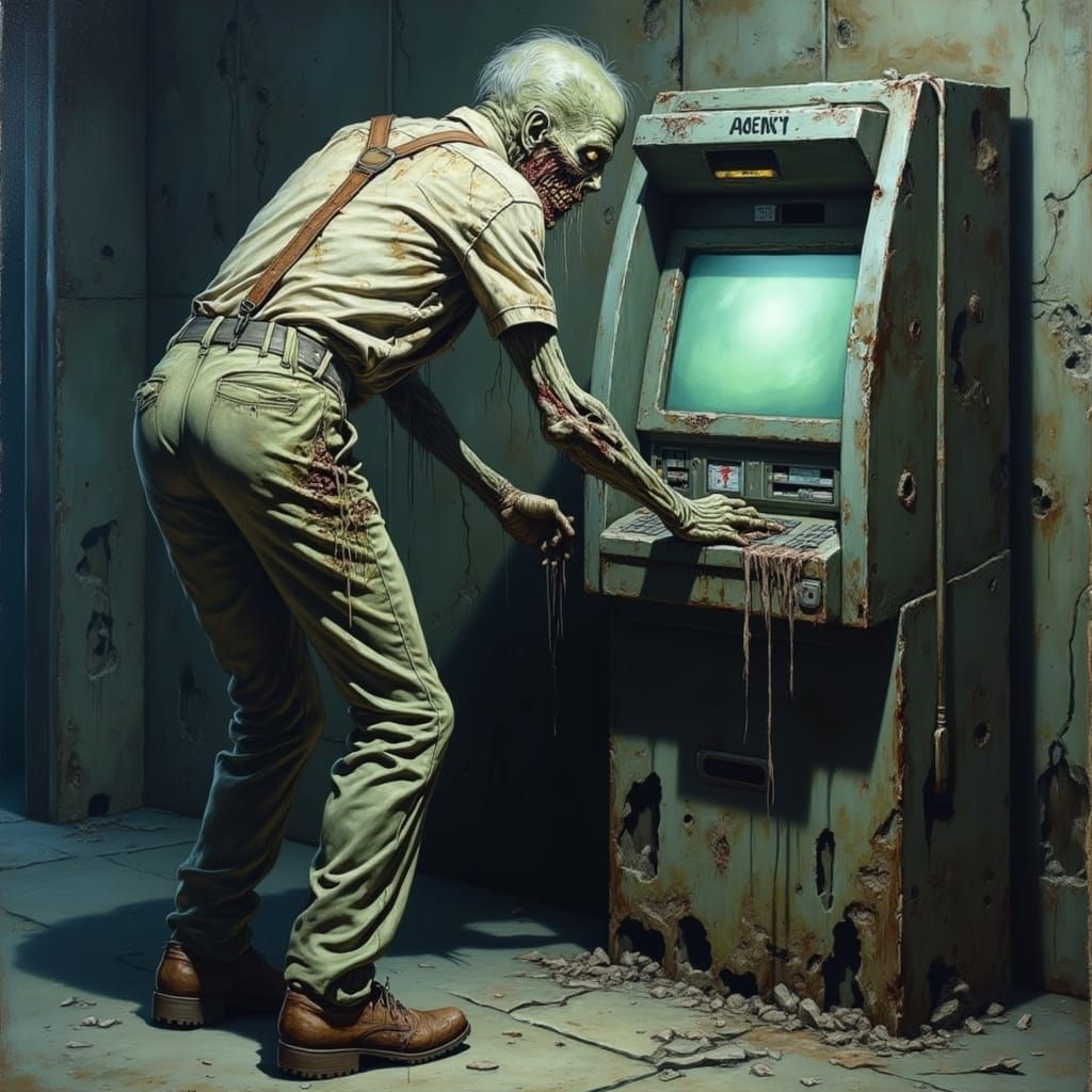 Male zombie, abstract, wearing slacks, suspenders, dress shoes. Standing at ATM. Oil painting. <lora:Zombies1:1.0>