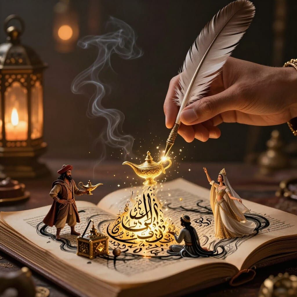 A macro fantasy illustration where a human hand holds an antique feather quill hovering above an open ...  by @Likvi