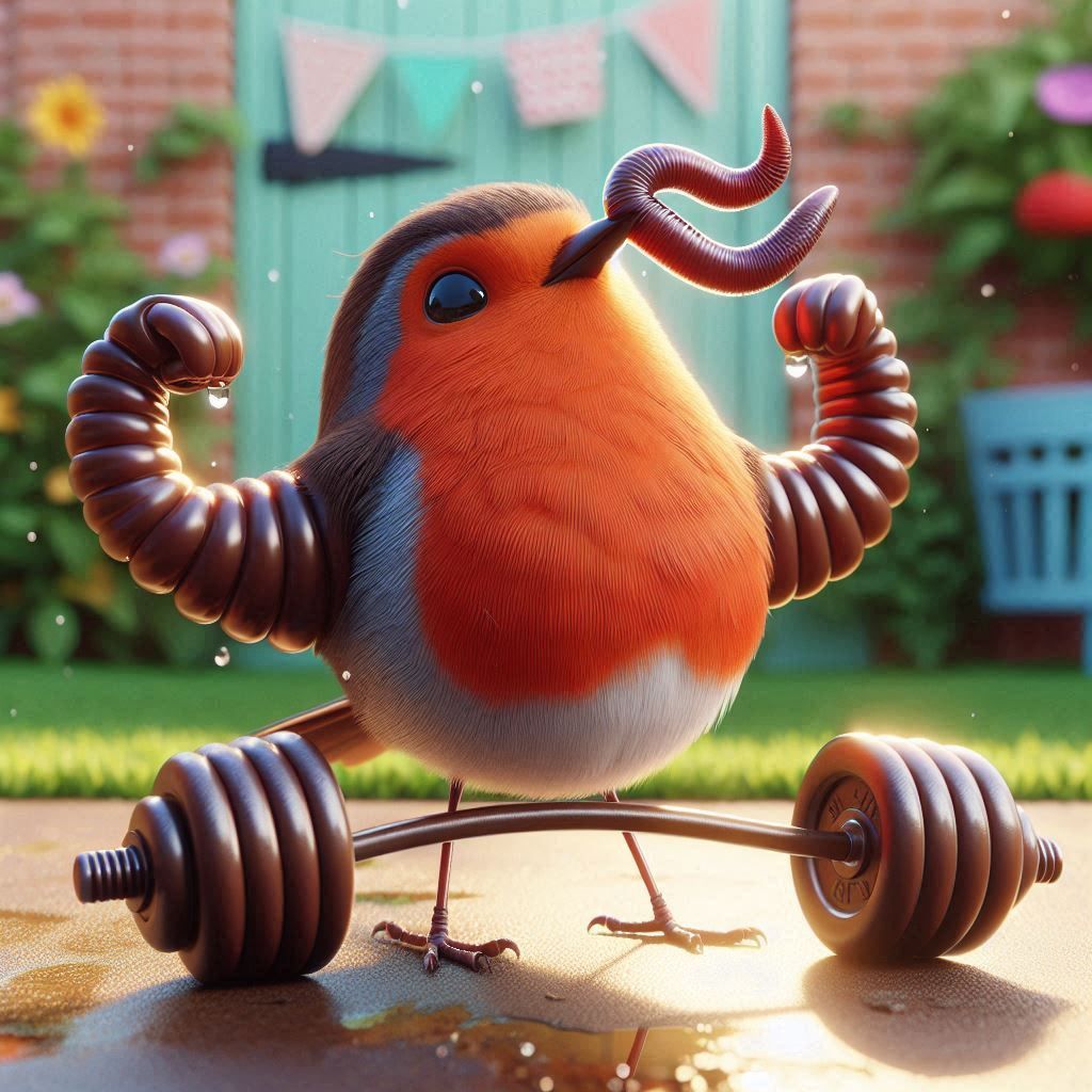 D10Q Proud Robin Robin flexing tiny biceps after lifting gia...