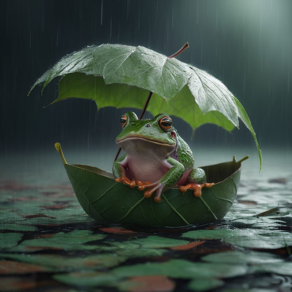 photorealistic cute frog sitting in a leaf boat made out of leaves, rainy day, hyperdetailed, blurry background, perfect composition, dynami...