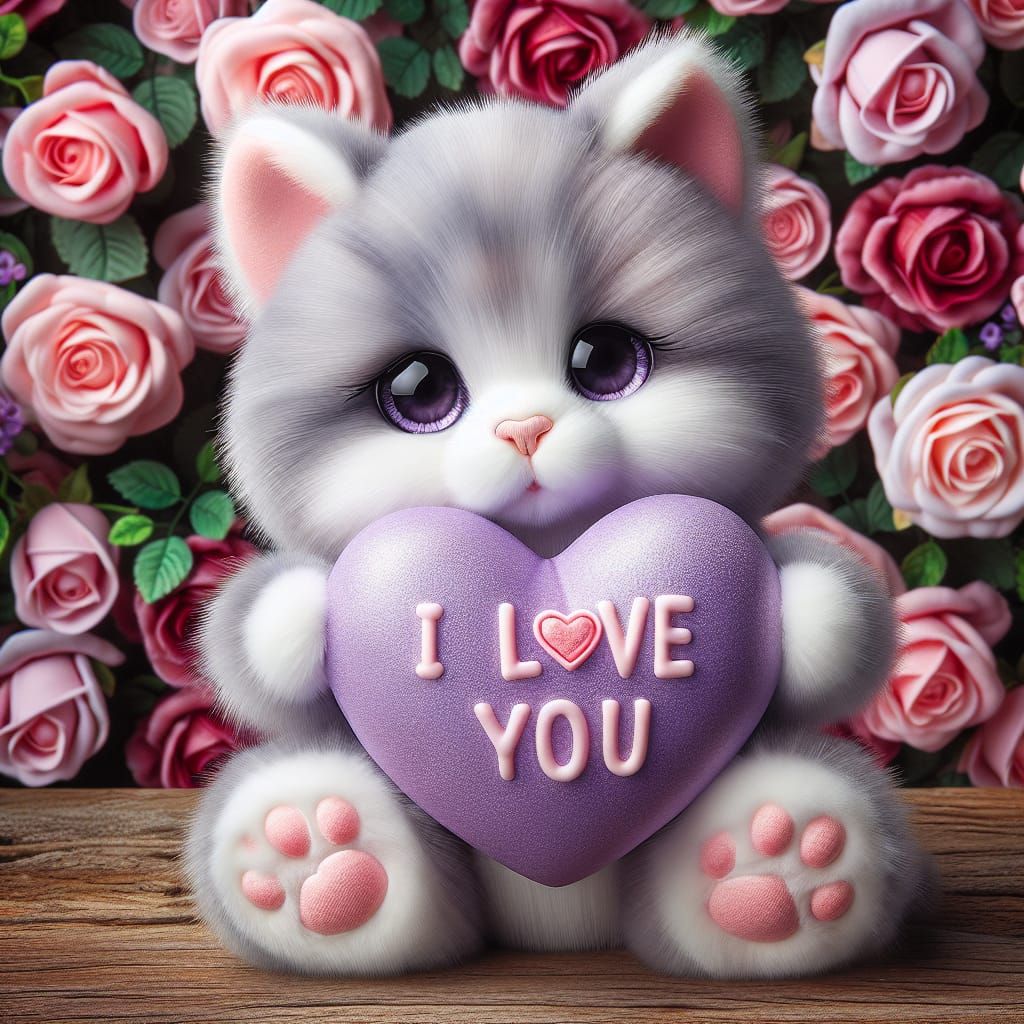 a sharp, hyper realistic image of a light grey fluffy cute cat holding a big conversation lilac candy heart with the words: I Love You. the ...