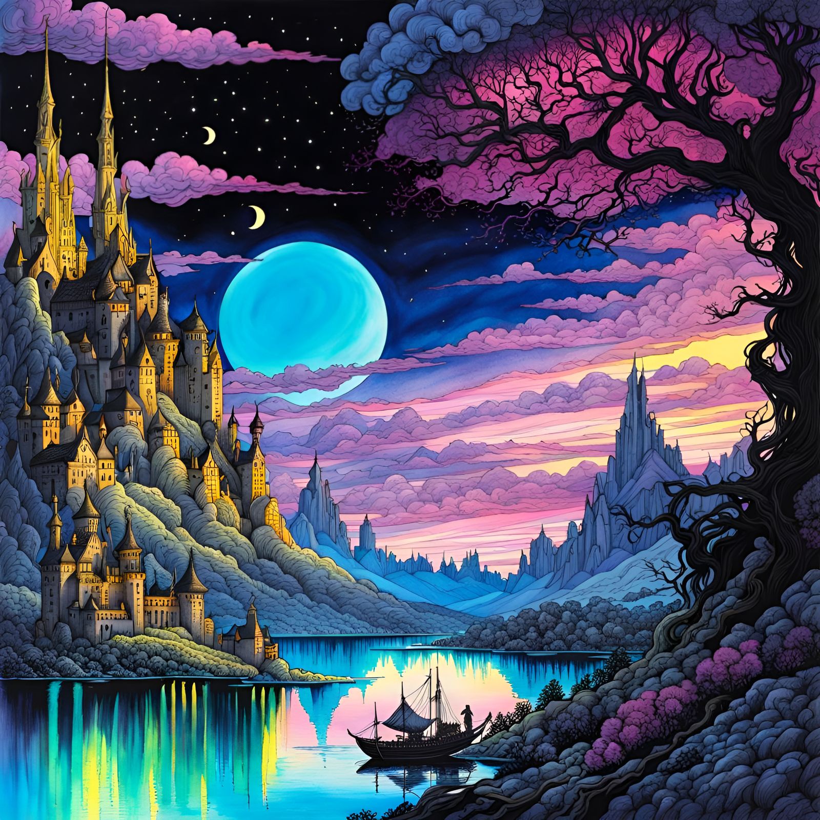 Fantastical fantasy landscape, neon black light  fantasy bac...