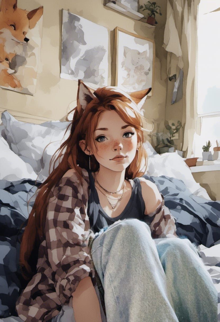 Fox-girl VIXEN sits on her bed .