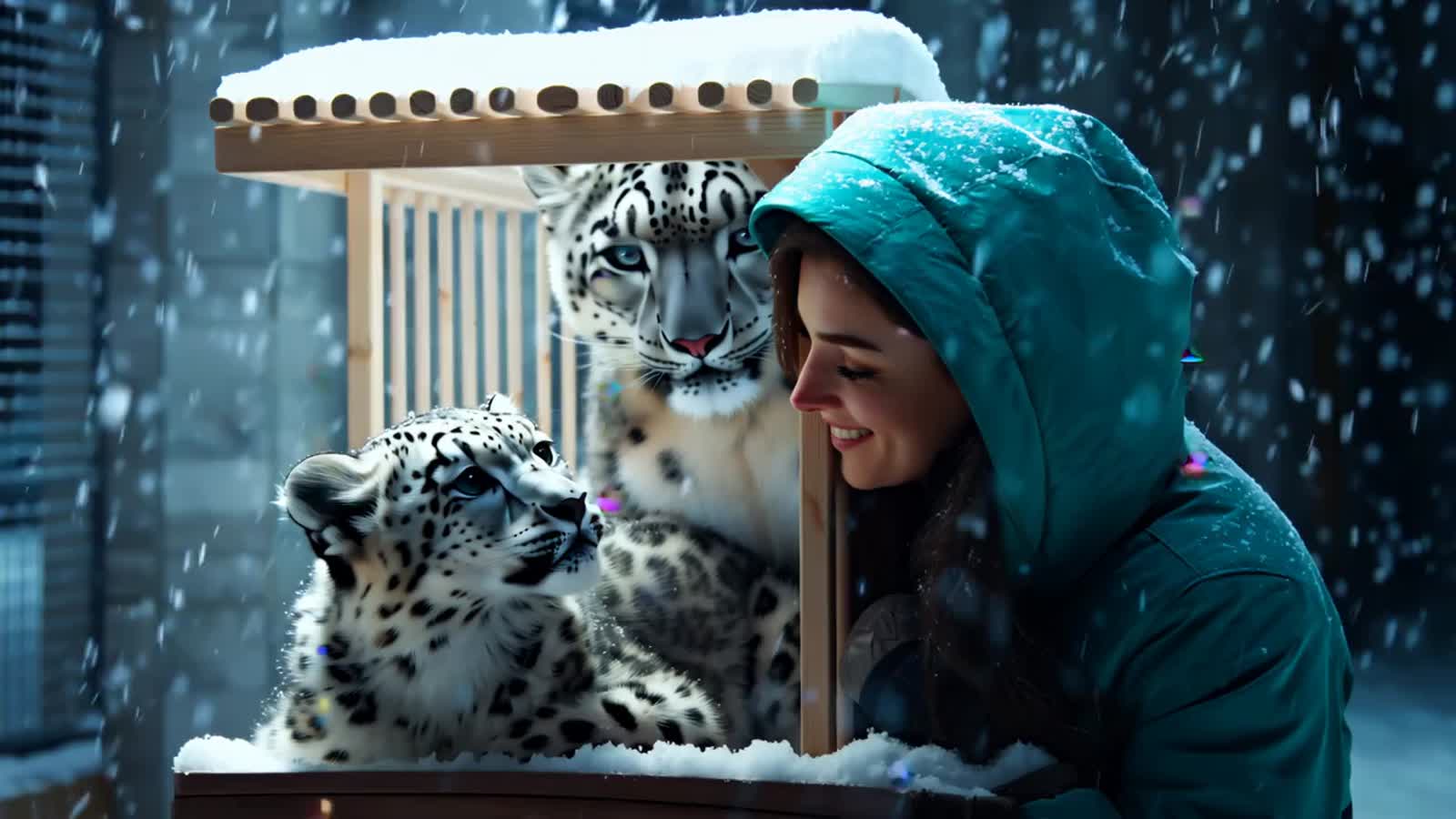 A young woman and a white snow leopard sitting together in deep snow