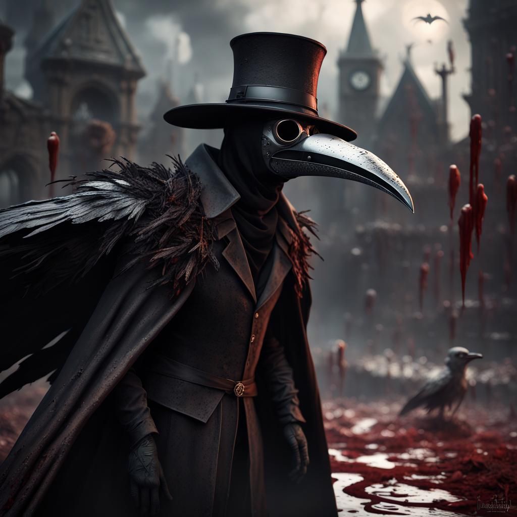 black plague doctor with black beak-like mask, black capes behind him ...