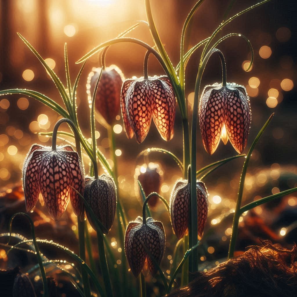 close up of snake’s head fritillary bulbs in he garden