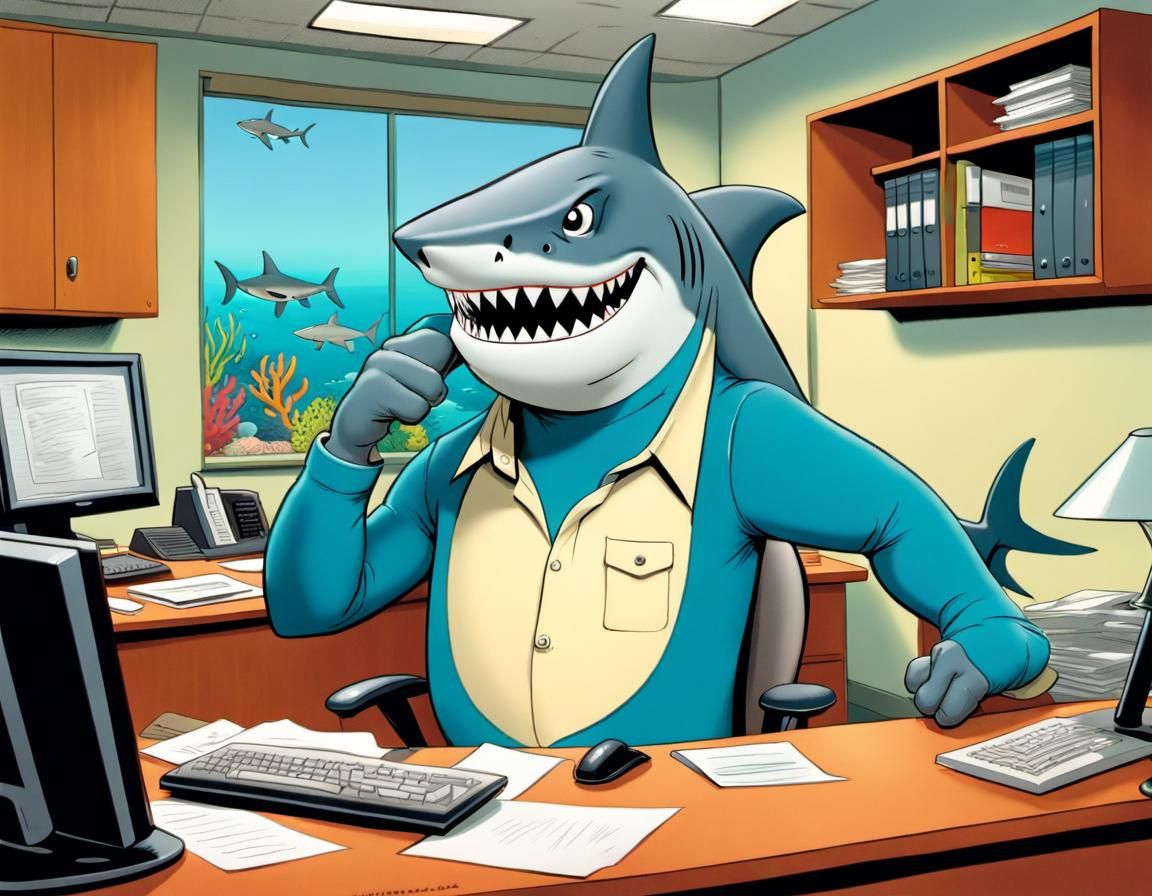Anthropomorphic shark working in the office. Barrier reef. Cartoon with