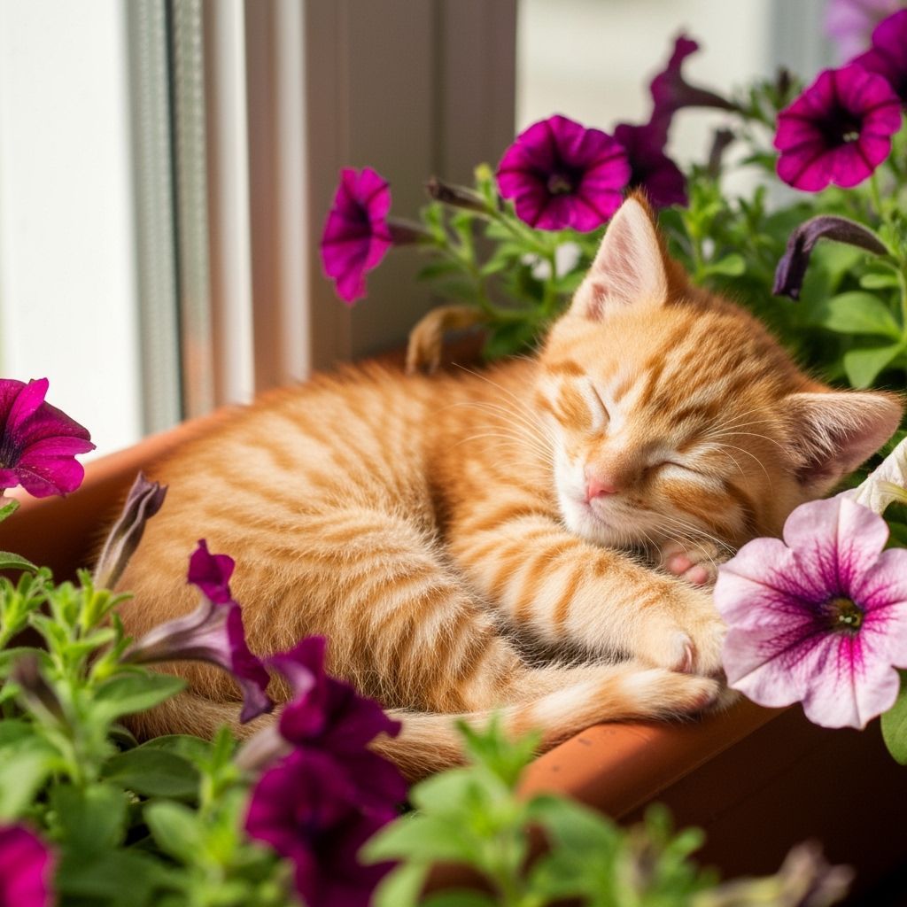 Ginger Kitten Sleeping Among Colorful Petunias