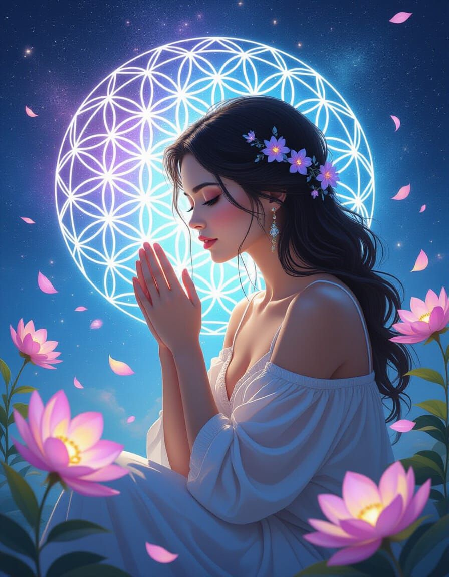 Woman Meditating in Cosmic Flower of Life