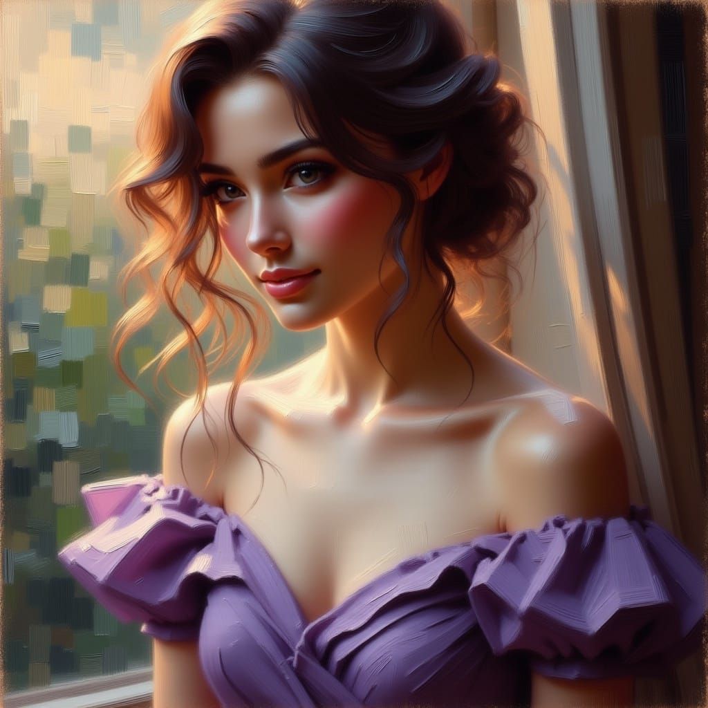 <lora:BeautyStrokesV2:1.0>painting close up, woman, elegant and charming, silk purple dress, near the window,  oil and brush strokes
