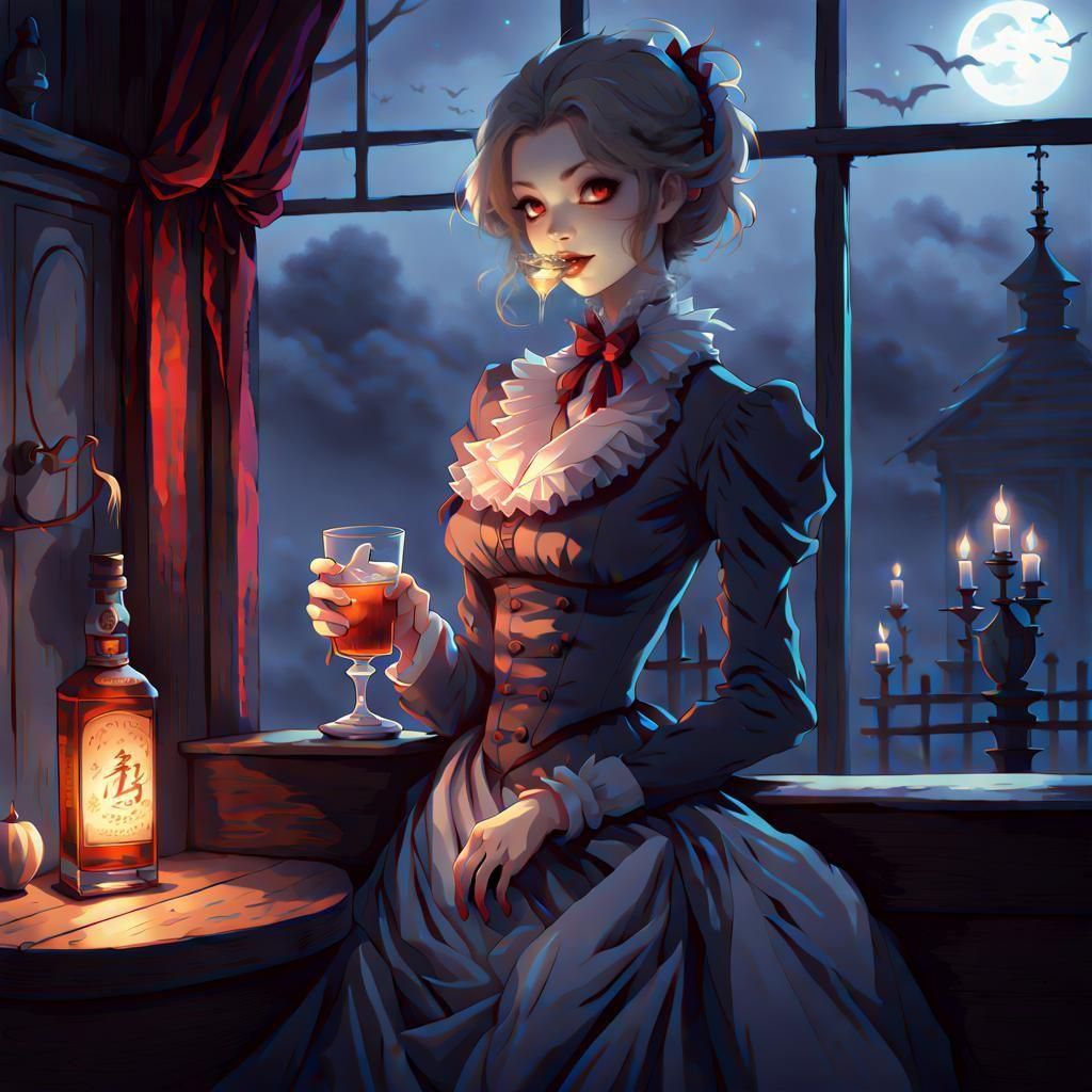 1880s vampire girl drinking whiskey 