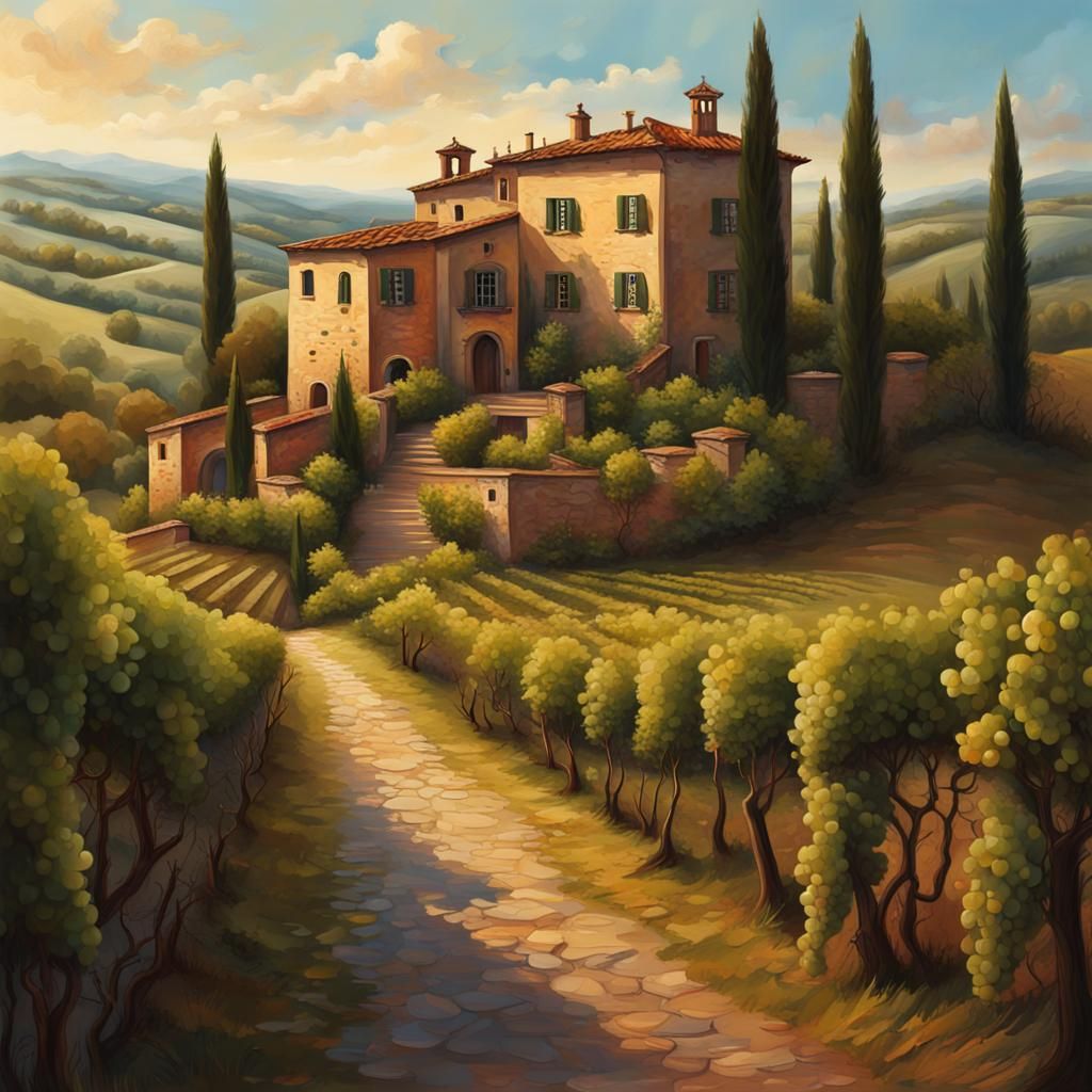 A Tuscan landscape with grape vines on the hills. An old manor house of Tuscan architecture. A thin road ...  by @Gaboolia