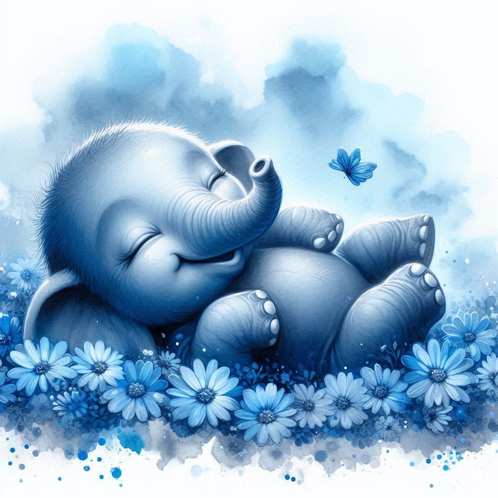 Adorable baby elephant sleeping on a bed of flowers