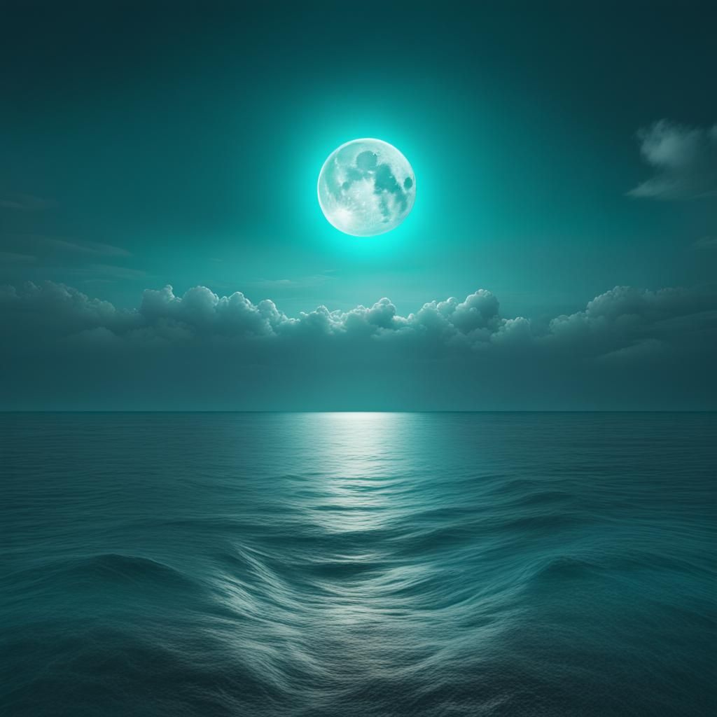 Moon with halo above the calm ocean in turquoise 