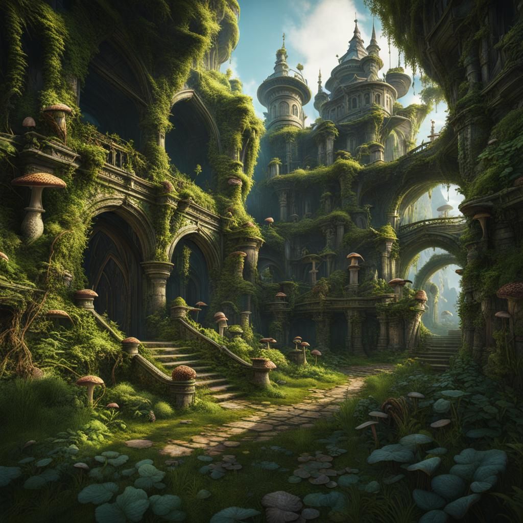 Overgrown city covered in vines, moss, mushrooms, and wild a...