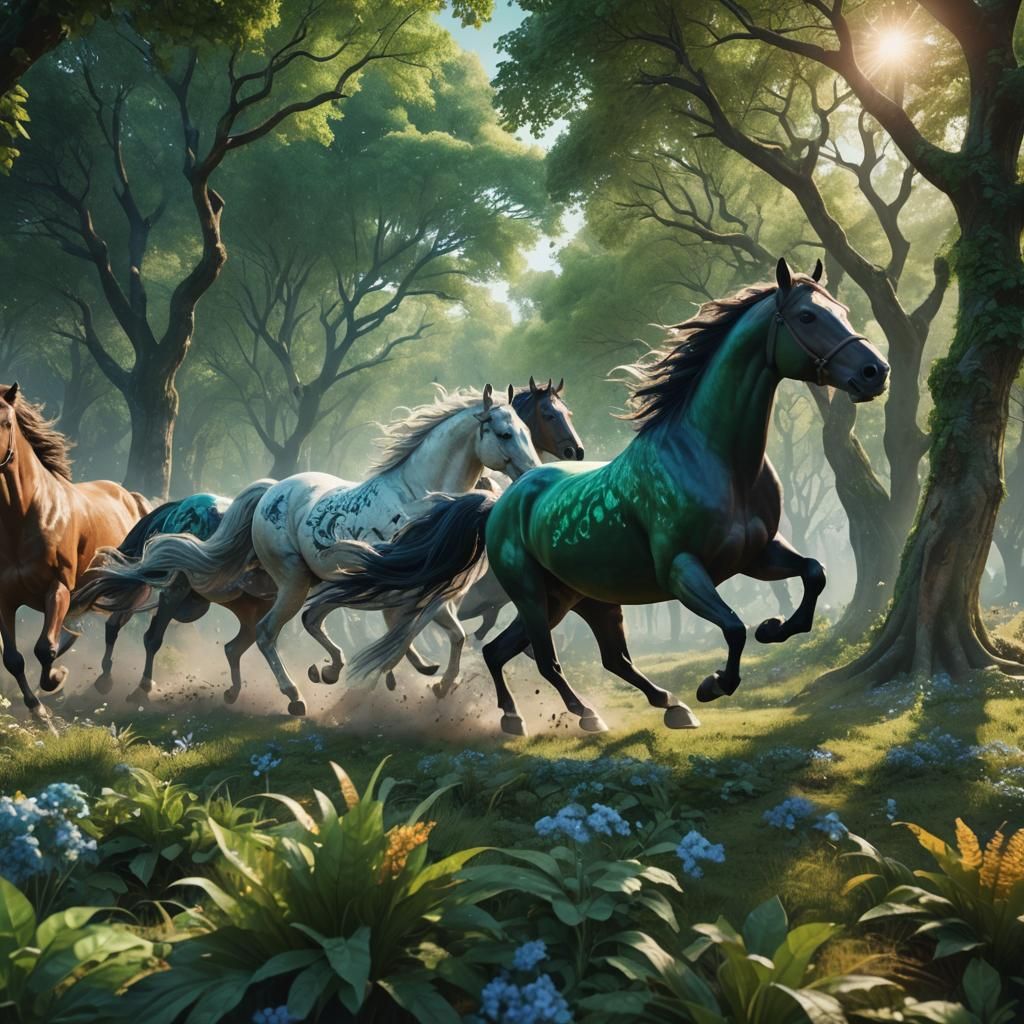 Horses Galloping in Nature, Fantasy Concept Art