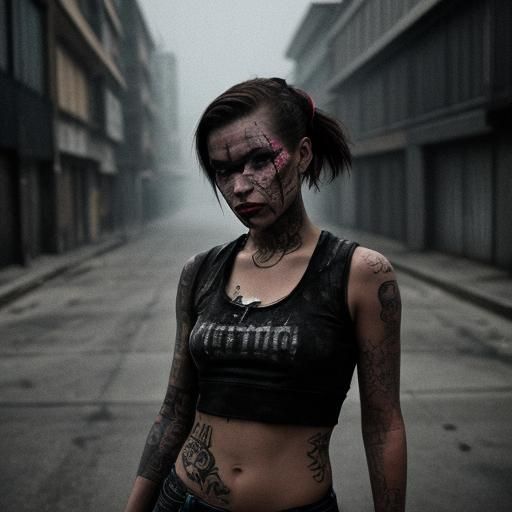 An punk teenager girl, cute but dangerous, half smile,  streetwear and punkcore, handling a desert eagle gun and pointing it straith to the...