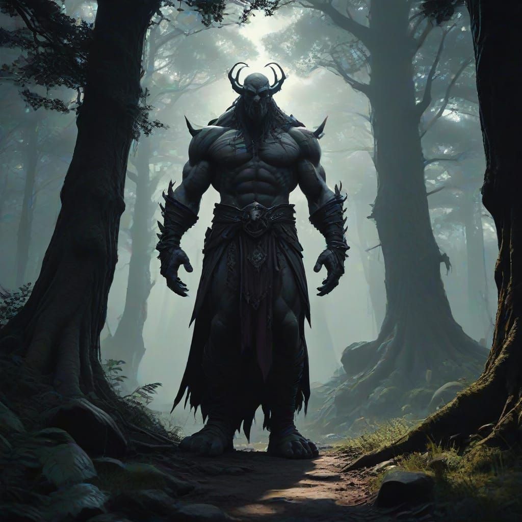 vivid intricate image of a mythological enormous muscular Rock Giant walking in the forest path taller than the trees beside him...titan lik...