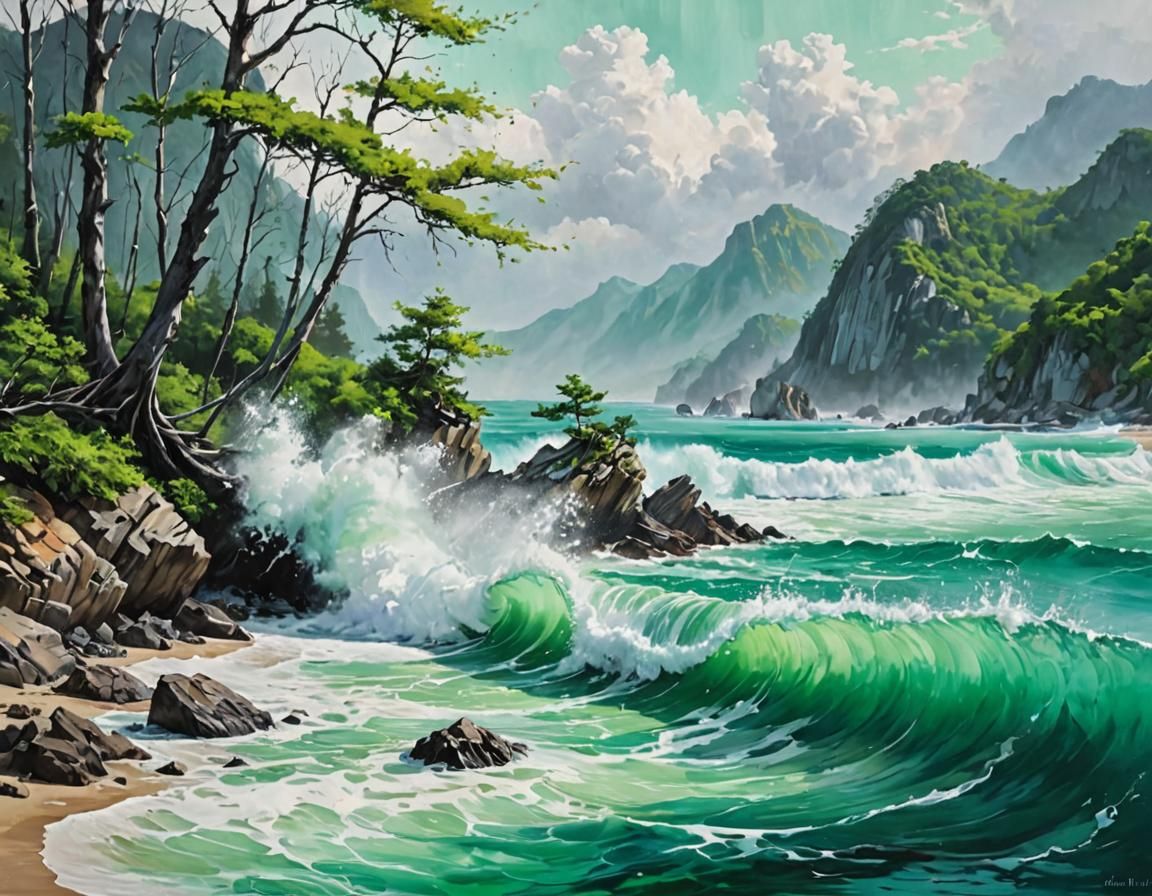 (China) crashing tides, directing powerful ocean storms, Oil Painting A crystal clear lake with vivid turquoise waters, surrounded by a fore...