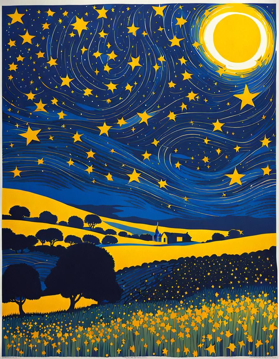 Brittany Coastline Silkscreen Under Starry Night
