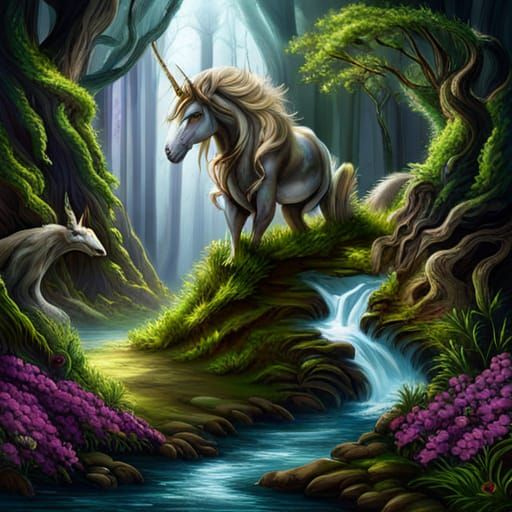 Enchanted forest, unicorn, elven, purple dragon - AI Generated Artwork ...