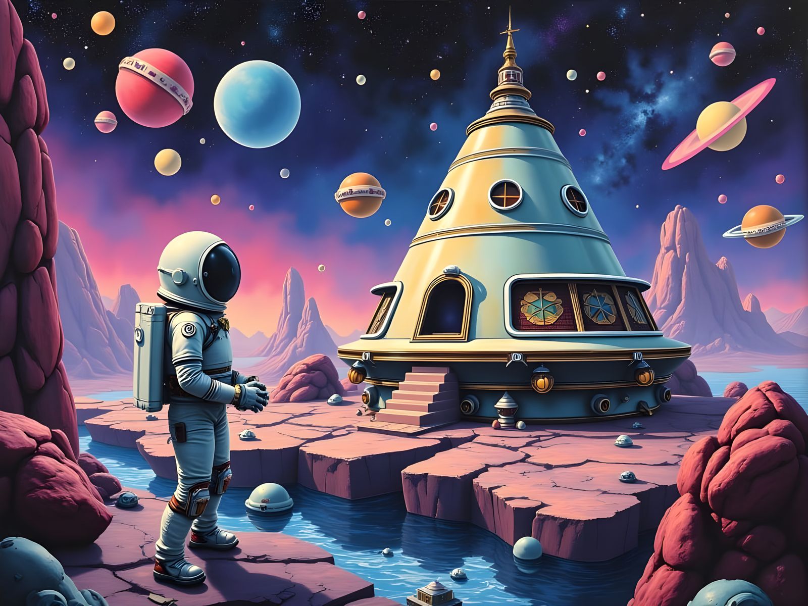 an astronaut near a geometric alien dome village, on a floating island, starry sky, vibrant colors, painting, sci-fi, <lora:Sci-Fi Color:1.0...