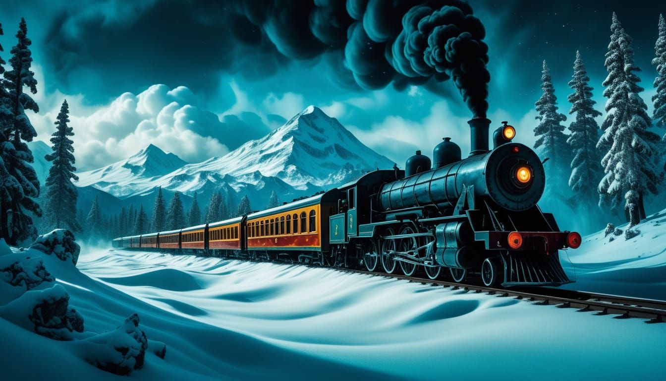 Surrealism. A lone, antique steam train emerges from a swirling vortex of cosmic snow and clouds. The train's windows glow with an eerie, in...