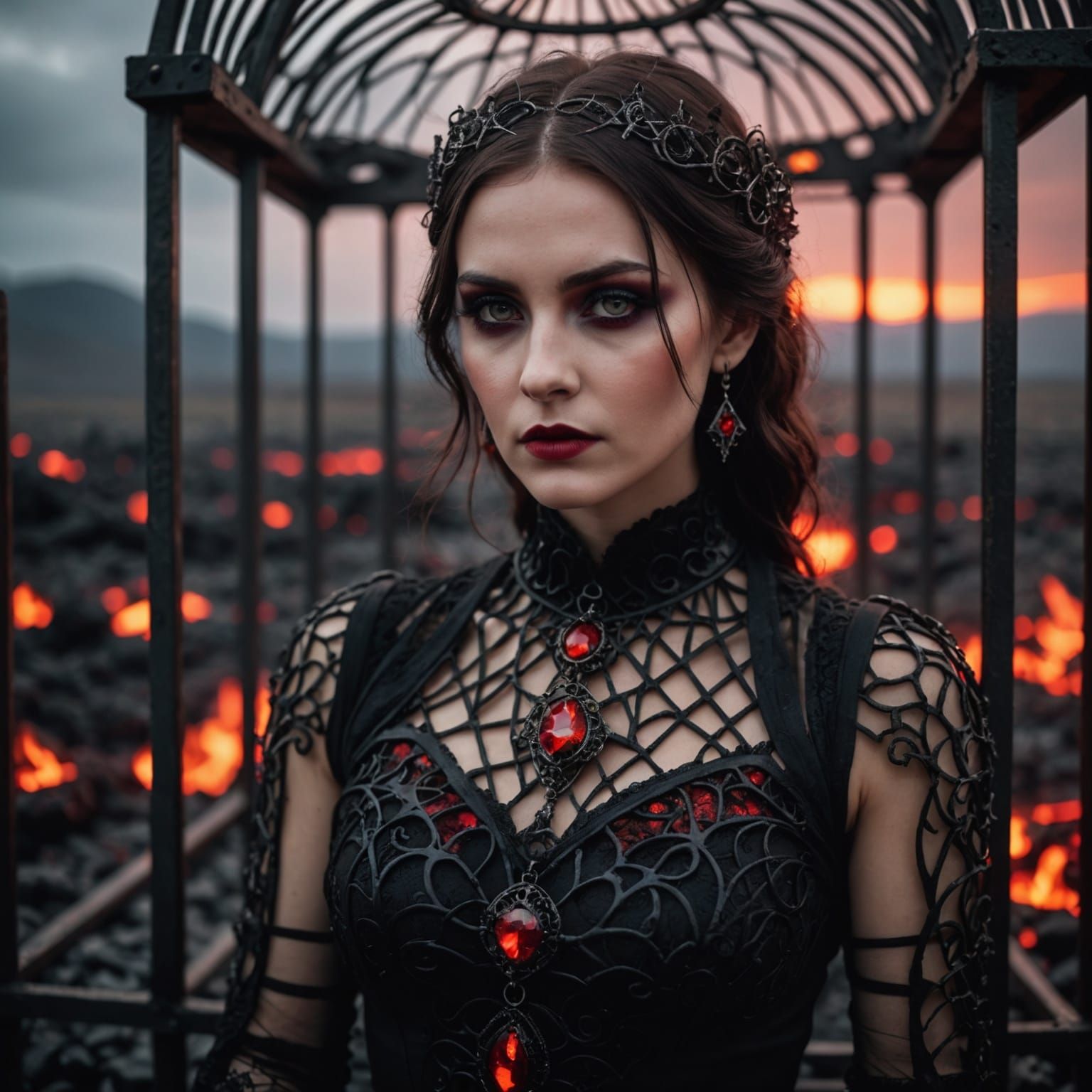 A woman, wearing an delicate, intricate goth dress, wearing also goth related jewelleries, eyes glowing red, boxed in a metal cage with a su...