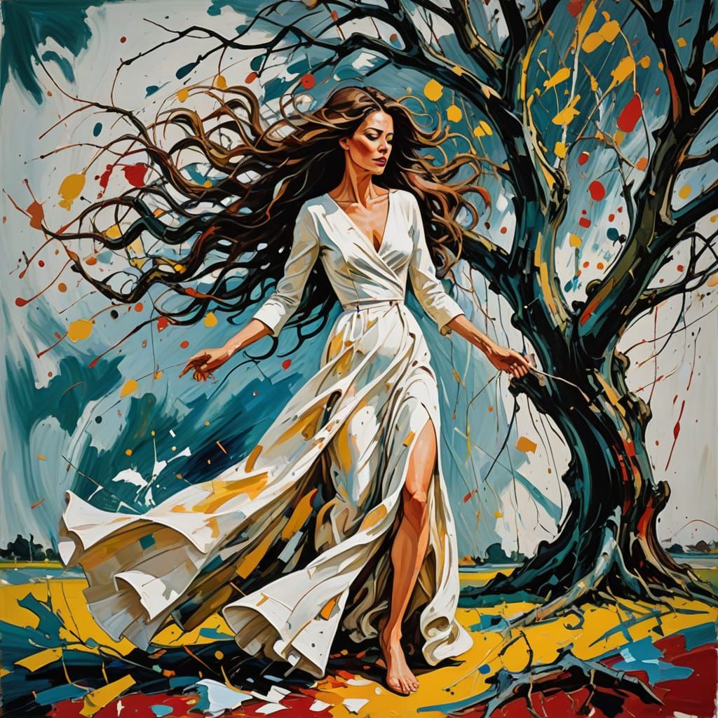 Abstract Expressionist Woman Defies Gravity Beside Weeping W...