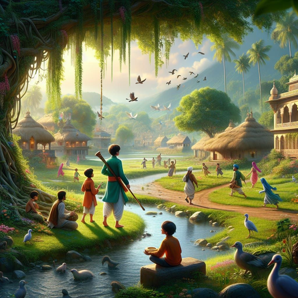 Lush Green Village Scene with Playing Children and Birds
