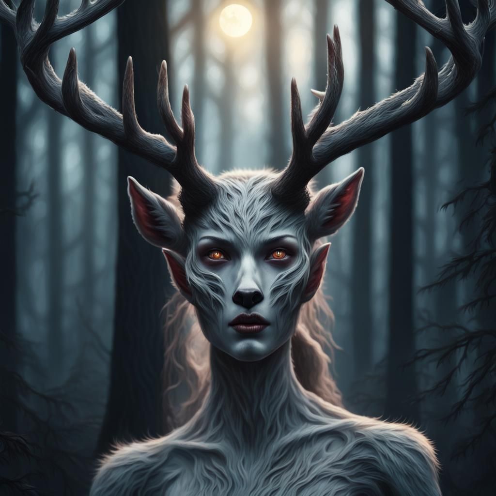 Hyper realistic female wendigo:: antlers::hooved feet ::deer's fur :: lurking in the dark forest::glowing ...  by @  debster