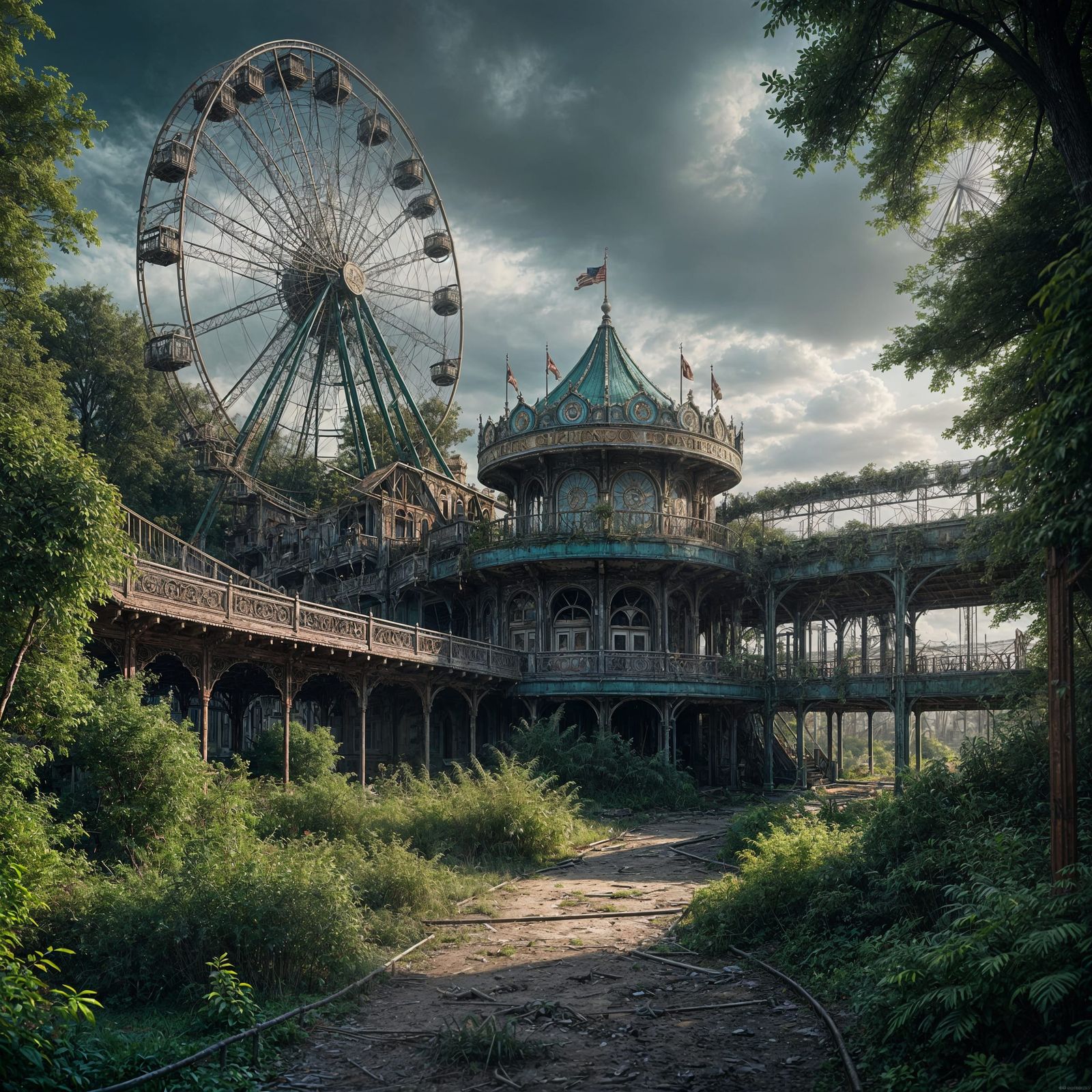 An eerie scene of an abandoned amusement park reclaimed by
n...