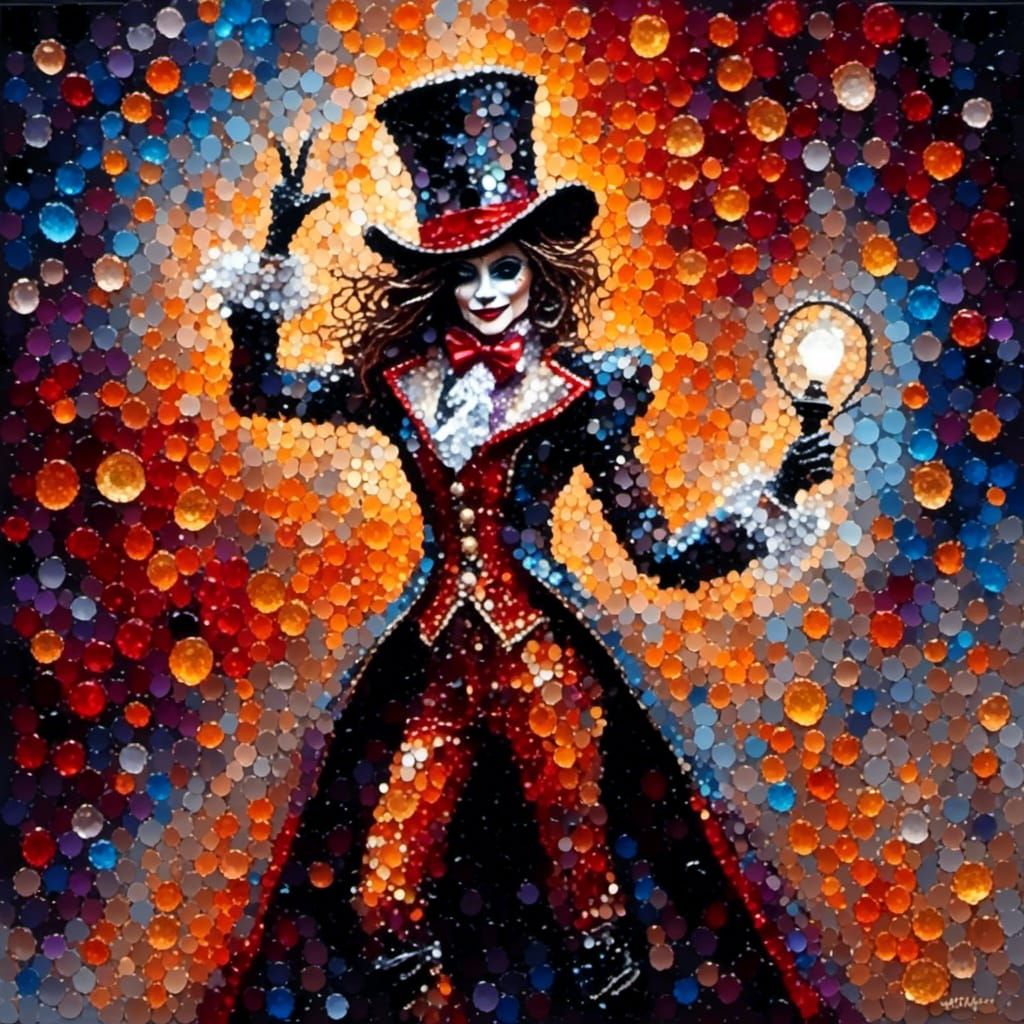 <lora:Abstract Pebble Art:1.0> female circus ringmaster under a spotlight