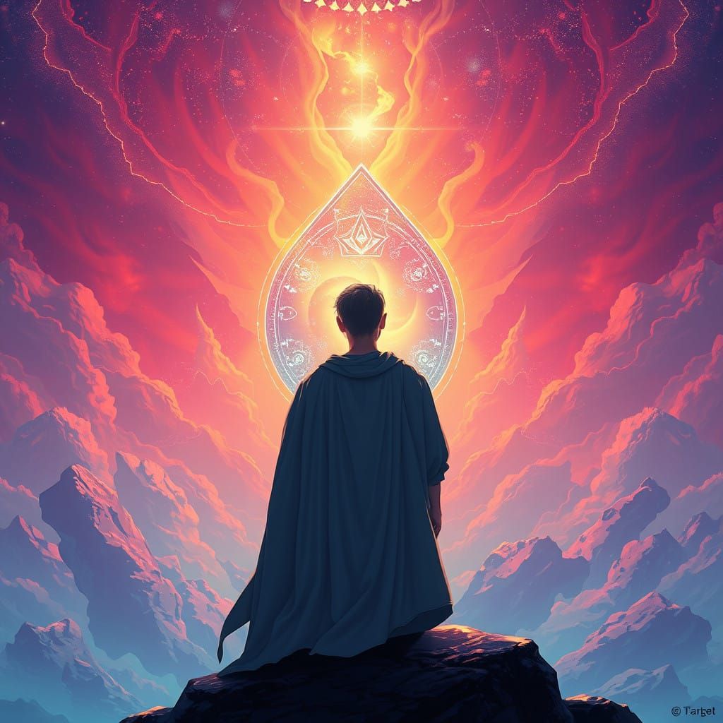 Serene Being Contemplates Mystical Realm in Shimmering Mirro...