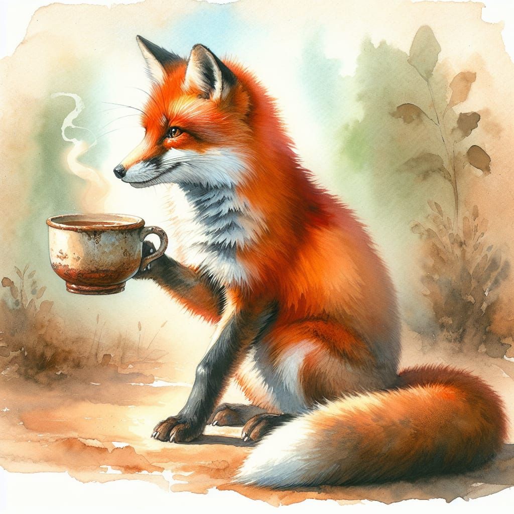 A fox drinking a cup of coffee