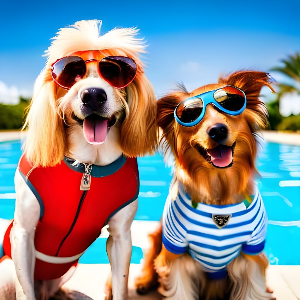 Two dogs with sunglasses and swimsuit by the pool          by @Espinado 