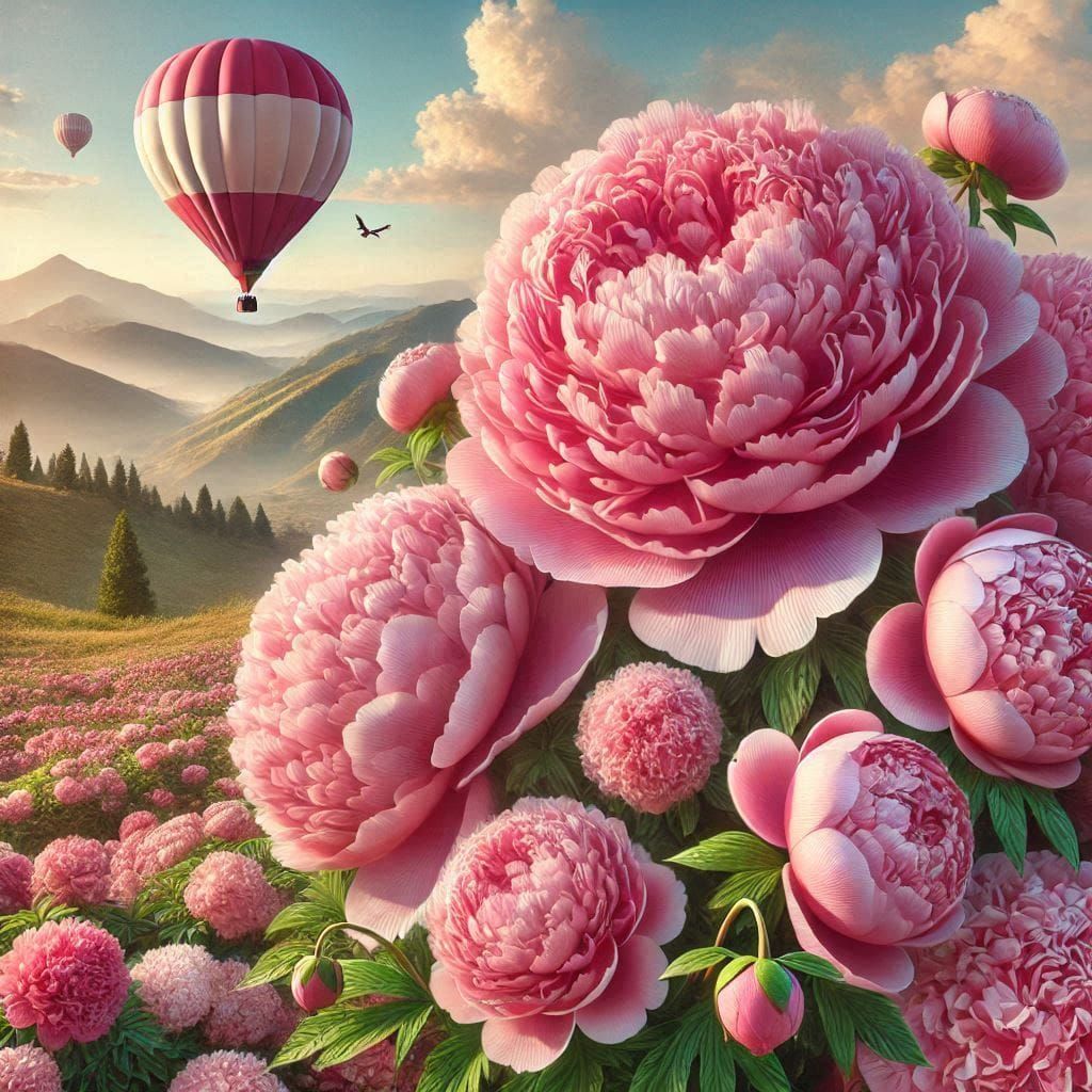 Hot Air Balloon over Peony field