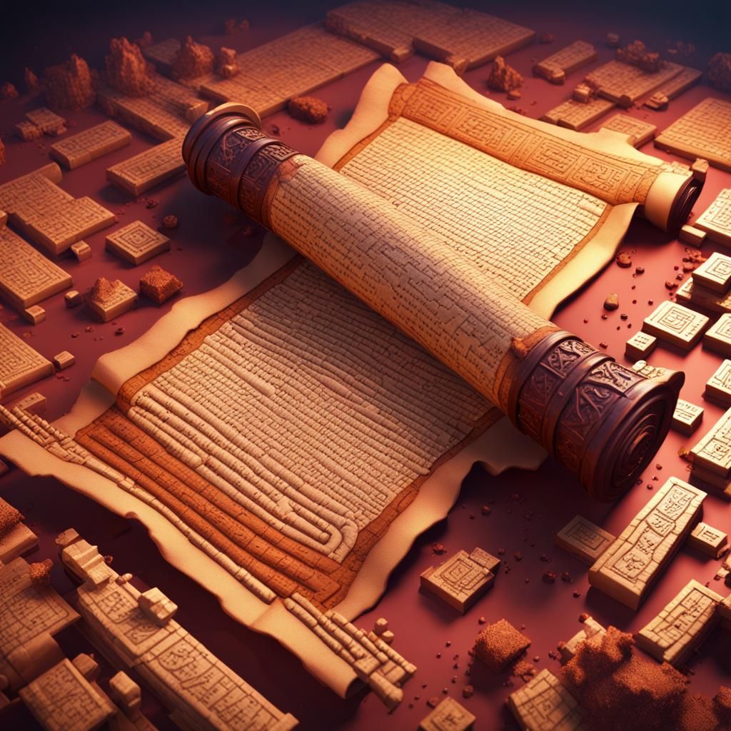 A voxel ancient scroll with voxel texts on it