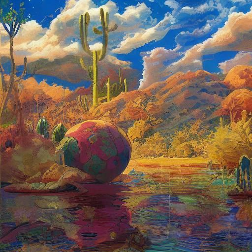 Island Oasis: Neo-Impressionist Lake Scene with Cacti