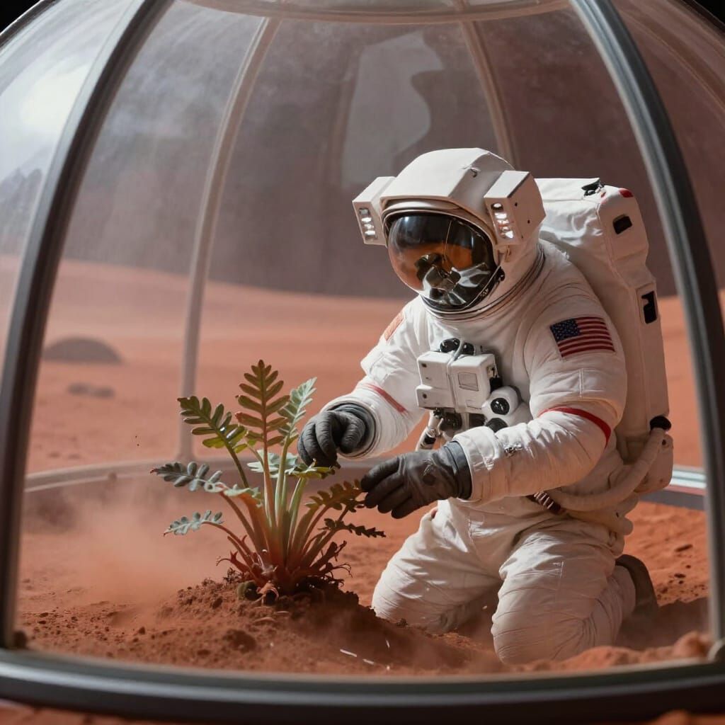 A lone astronaut tending to a small, vibrant alien plant in a sterile biodome on Mars. The red Martian dust swirls gentl...